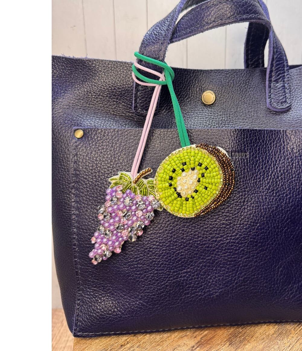 Fruity Bag Charm Set of 2 Purple Grapes Kiwi Bag Charm Beaded Purse Charms